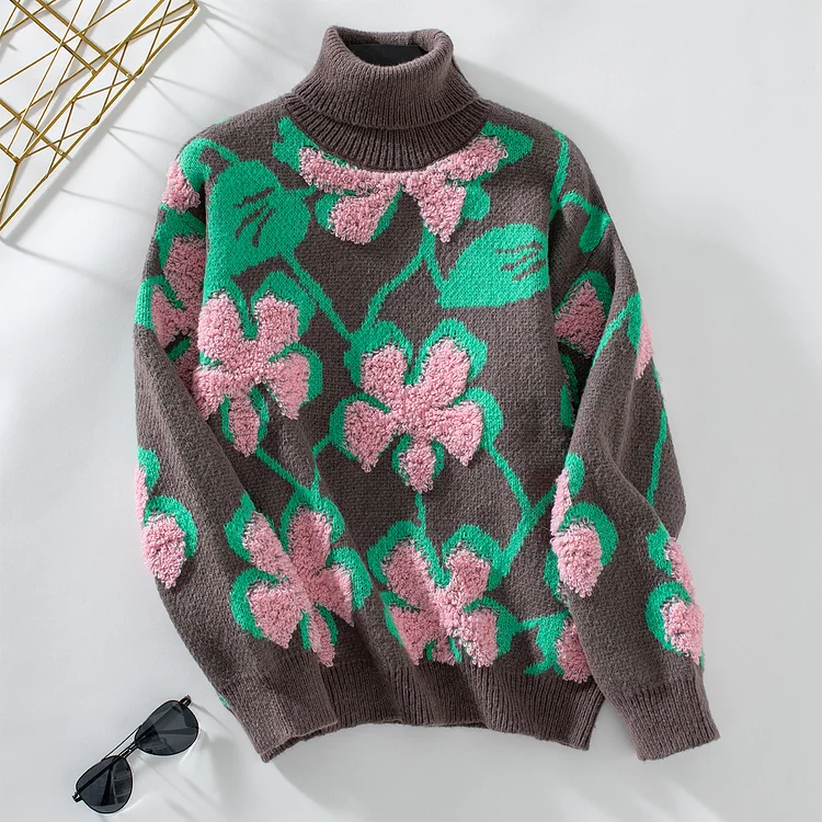 3D Flocked Flower Pattern Sweater For Women Autumn And Winter Lapel Knitted Sweater Top