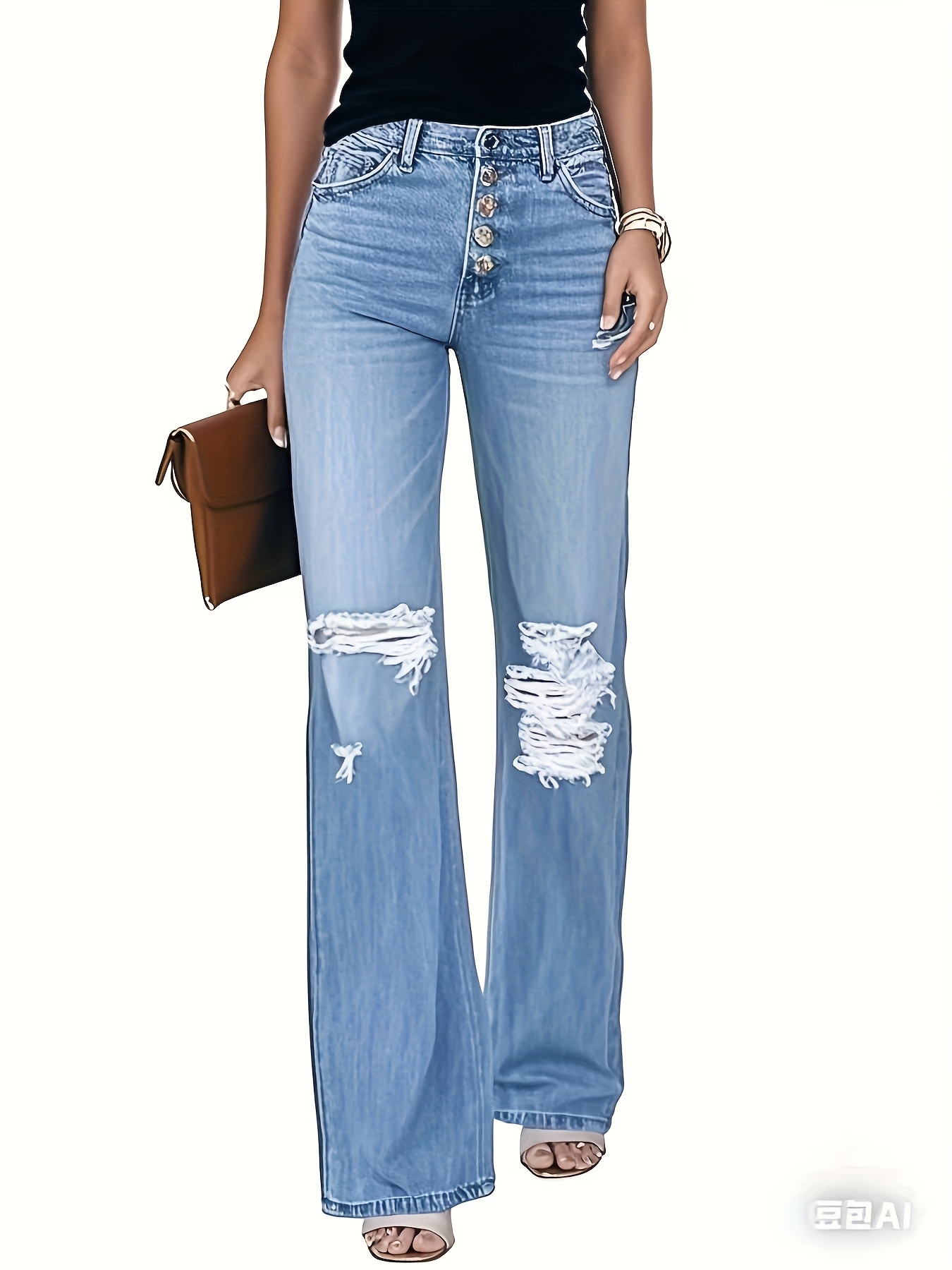 Womens New Perforated Fashionable Jeans High Waist Slightly Elastic Wide Leg Casual Denim | IFYHOME