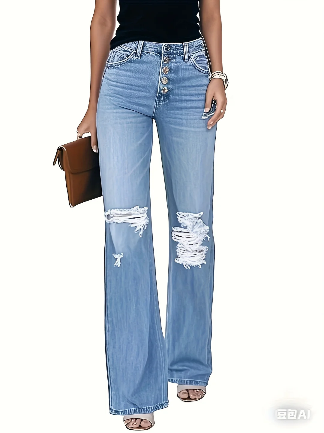 Women's New Perforated Fashionable Jeans, High Waist Slightly Elastic Wide Leg Jeans, Casual Denim Pants For Going Out | IFYHOME