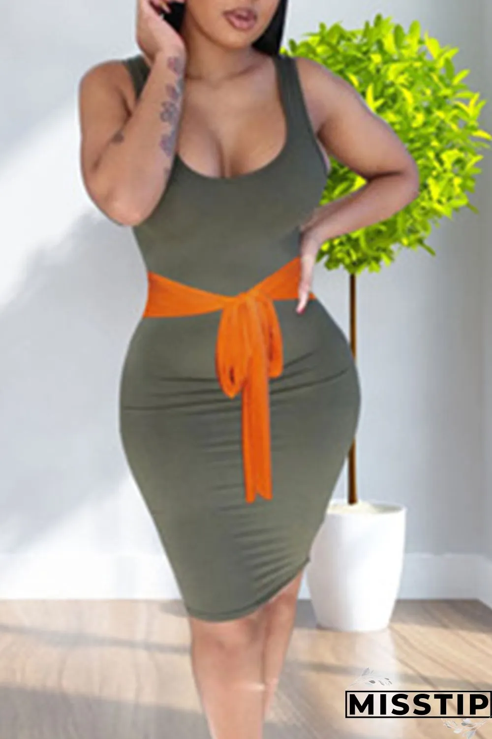 Green Casual Print Patchwork U Neck A Line Dresses