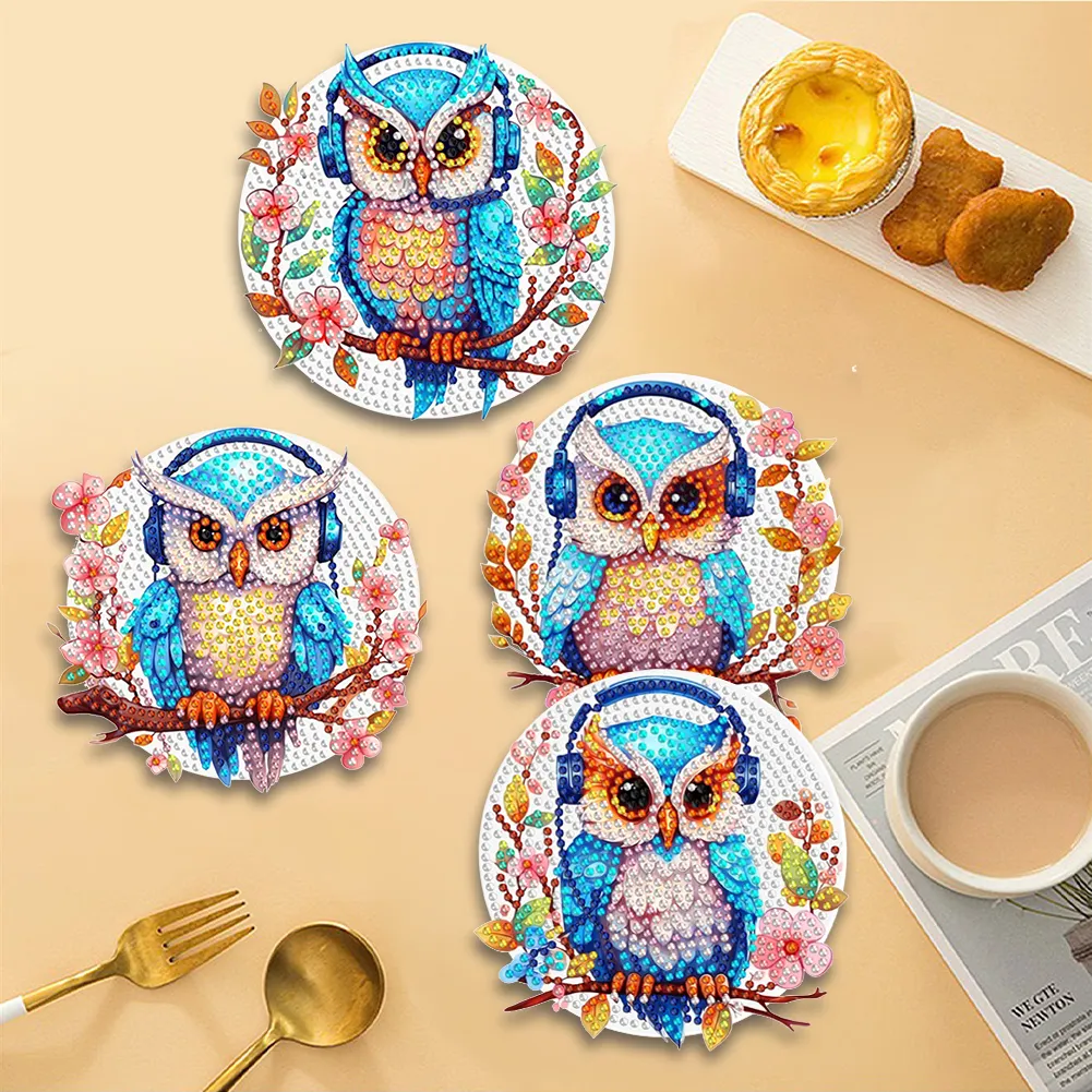 4Pcs Wooden Diamond Painting Placemats Round Diamond Art Table Mats (Owl B)