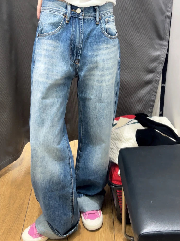 OLCooL Retro Denim Blue Jeans Women High Waist Wide Leg Straight Pants Oversize High Street Hip Hop Y2k Fashion Light Trousers olcool
