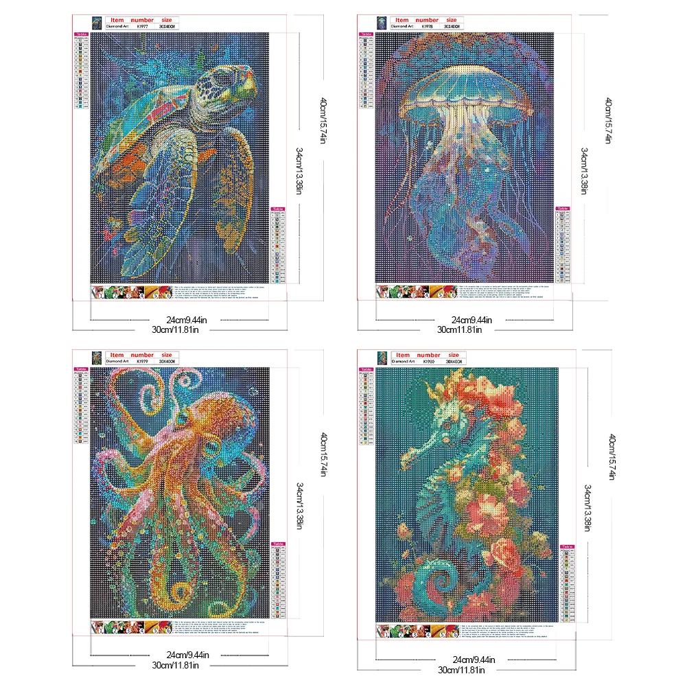 4pcs Diamond Painting - Full Round Drill - Aquatic Creatures(Canvas|30*40cm)