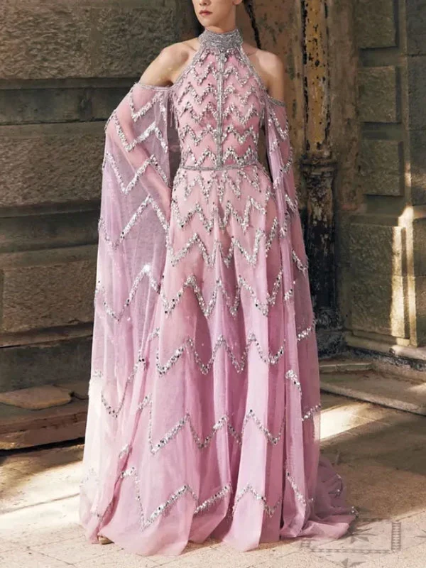 hanging neck cross-stitch embroidery trailing sleeve dress