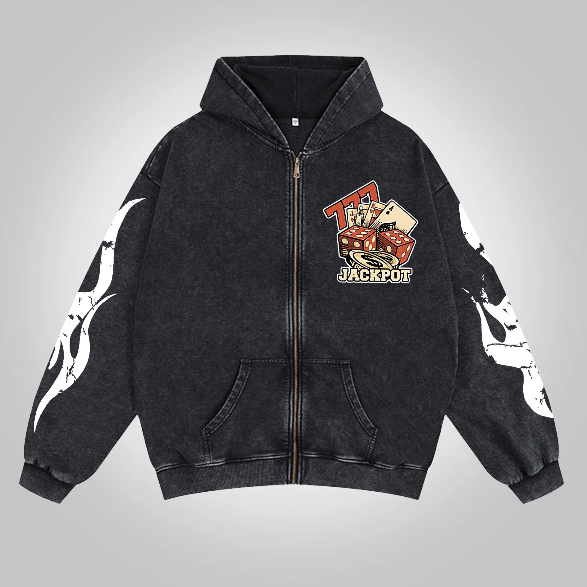 Sopula Vintage Poker Print Washed Cotton Zip-Up Hoodie - SOPULA