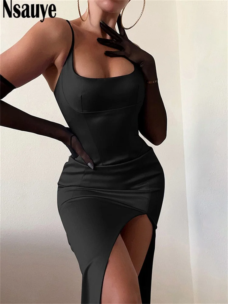 Nsauye Sexy Evening Party Fashion Strap Off Shoulder Midi Dress Satin Black Split Bodycon Dresses Women 2021 Autumn Winter