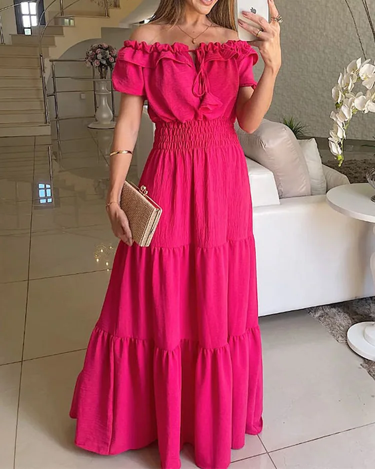 One Shoulder Short Sleeve Solid Color Dress