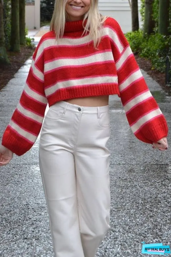 Fashion Striped Turtleneck Long Sleeve Loose Knit Sweater