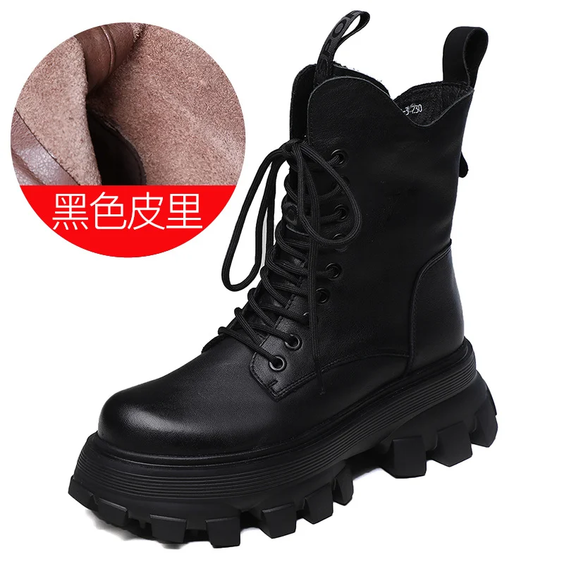 Yyvonne Layer Of Cow Skin Leather Pine Cake Foam Thick Base Lightweight Martin Boots Women Autumn And Winter Engren Wind Height Locomotive Boots Single Boots