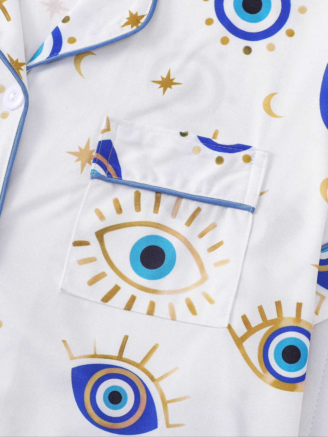 Women's All Over Cartoon Eye Print Short Sleeve Two-Piece Set, Comfy Button-Front Chest Pocket Lapel Neck Top & Elastic Waist Shorts PJ Set, Ladies Sleepwear for All Seasons, Pajamas, Loungewear