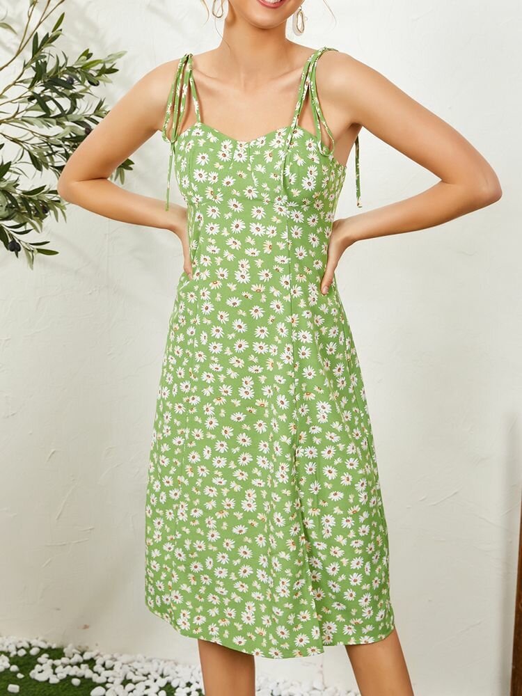 Holiday Floral Print Backless Strap Knotted Slit Hem Sexy Dress - BlackFridayBuys