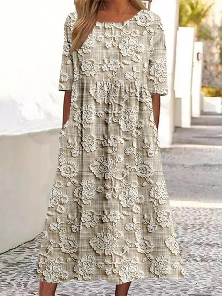 Elegant Floral Lace Embroidered Linen Blend Maxi Dress
