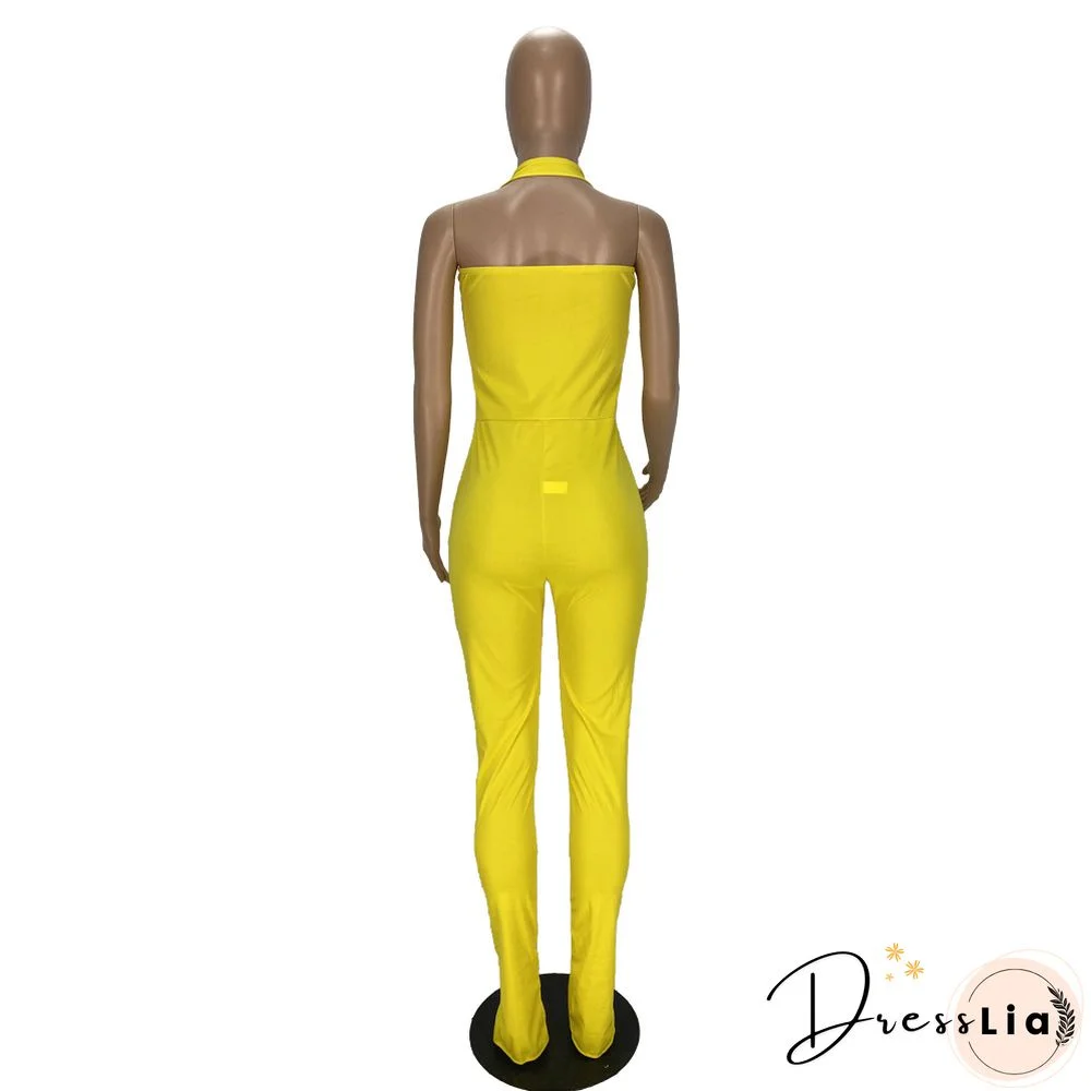 Women Solid Color Sportswear Sleeveless Halter Bodycon Jumpsuits