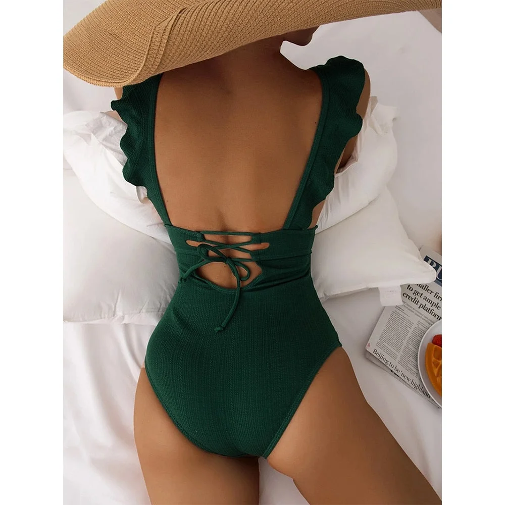 2022 New Sexy Ruffle One Piece Swimsuit Off The Shoulder Print Floral Swimwear Women Solid Deep-V Bathing Suits Summer Beachwear