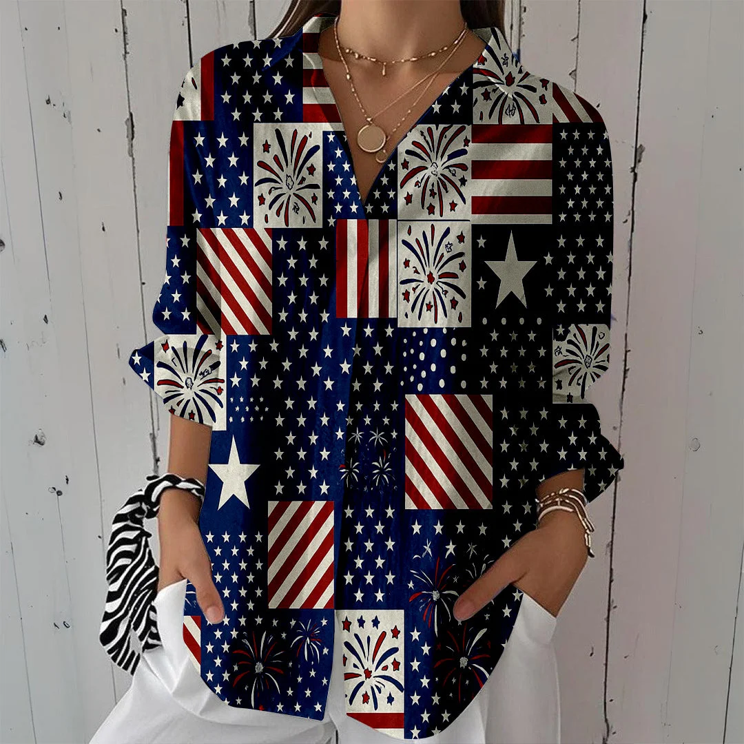 Style & Comfort for Mature Women Women  Independence Day, Star, Striped, Blue, Red DZCL0229 3/4 Sleeve Shirt Collar Printed Button Tops