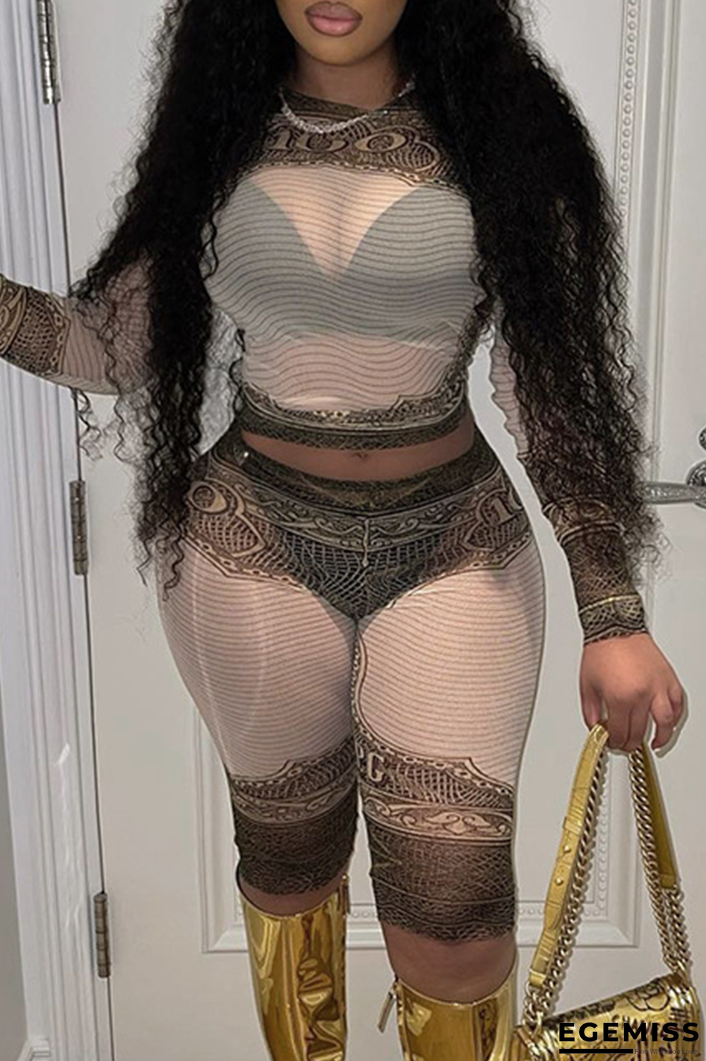 Apricot Sexy Print Mesh O Neck Long Sleeve Two Pieces | EGEMISS