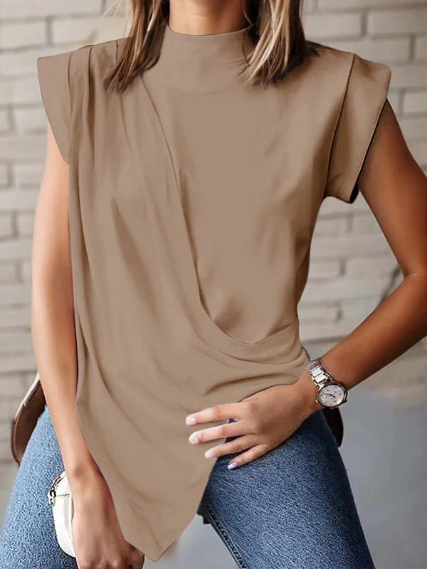 Asymmetric Pleated Solid Color Split-Joint Loose Sleeveless Mock Neck T-Shirts Tops