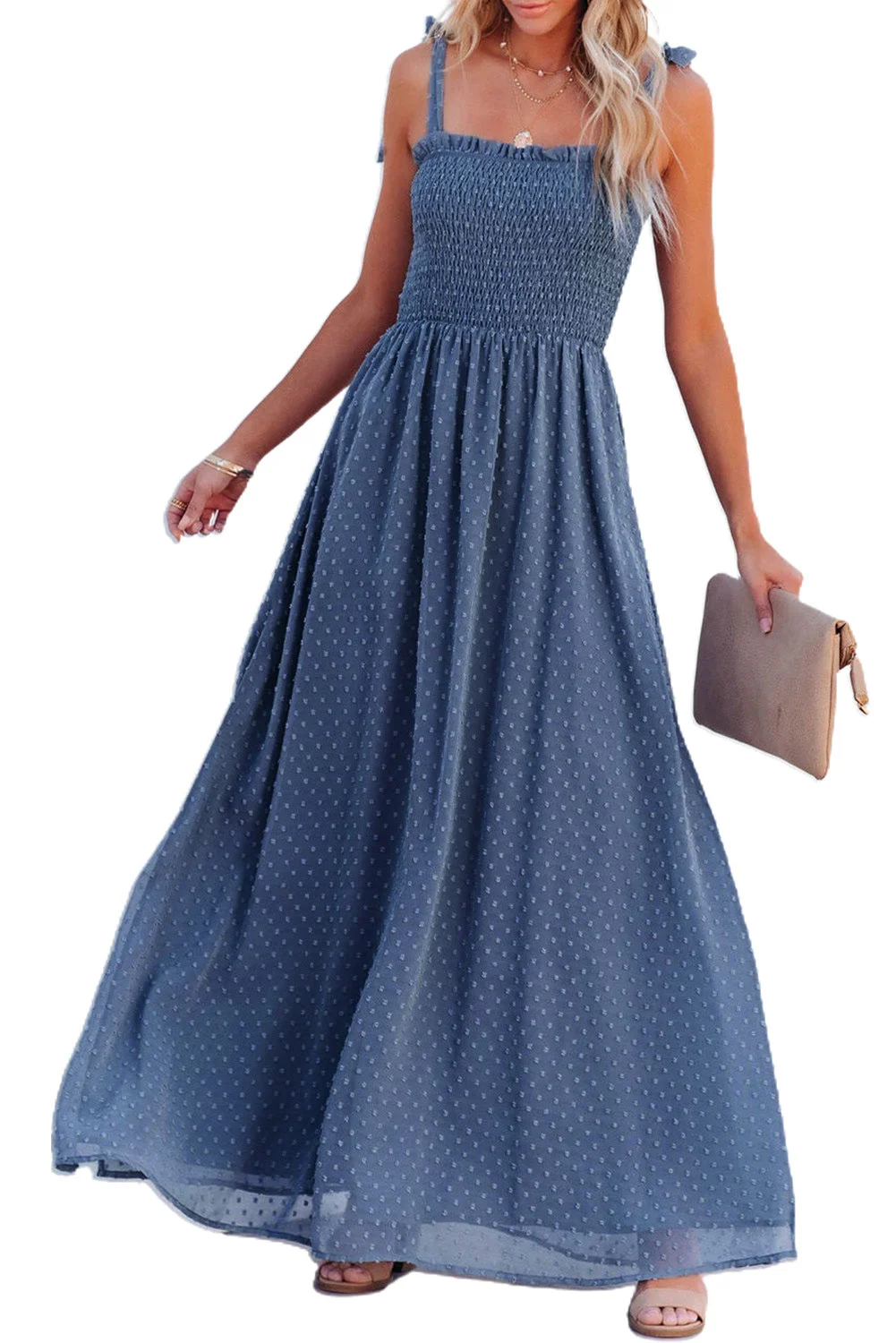Women Sky Blue Smocked Swiss Dot Maxi Dress