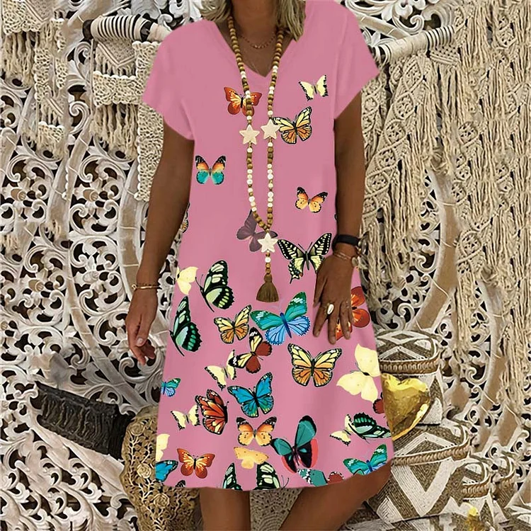 Fashion Loose Elegant V Neck Short Sleeve Butterfly Print Shift Casual Dress