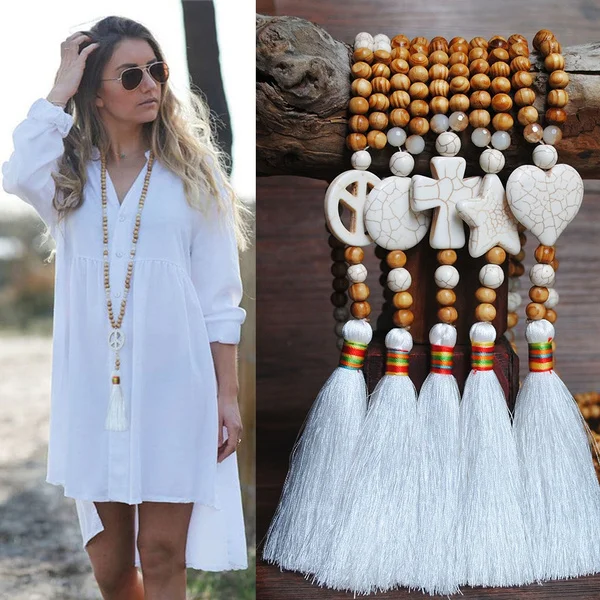 Bohemian Women Handmade Long Sweater chain Jewelry Necklace White Star Love Heart Cross Peace Round Stone Tassels Pendant Wooden Bead Necklace