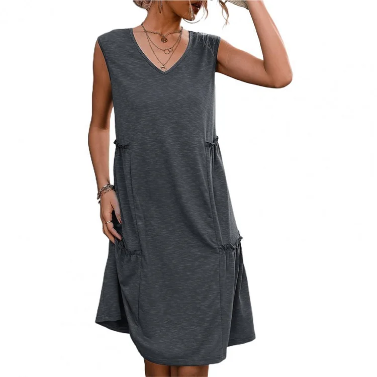 Ruffle Casual Knee-Length V-neck Midi Dress