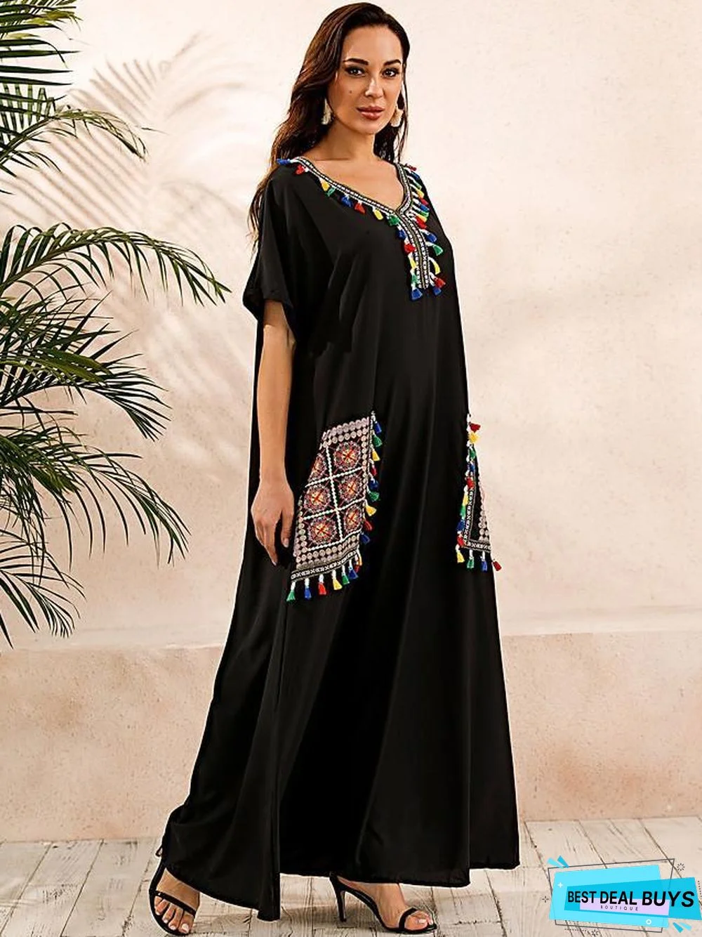 Women's Kaftan Dress Maxi Long Dress Short Sleeve Print Summer Plus Size Hot Casual Boho Vacation Dresses Black Dresses