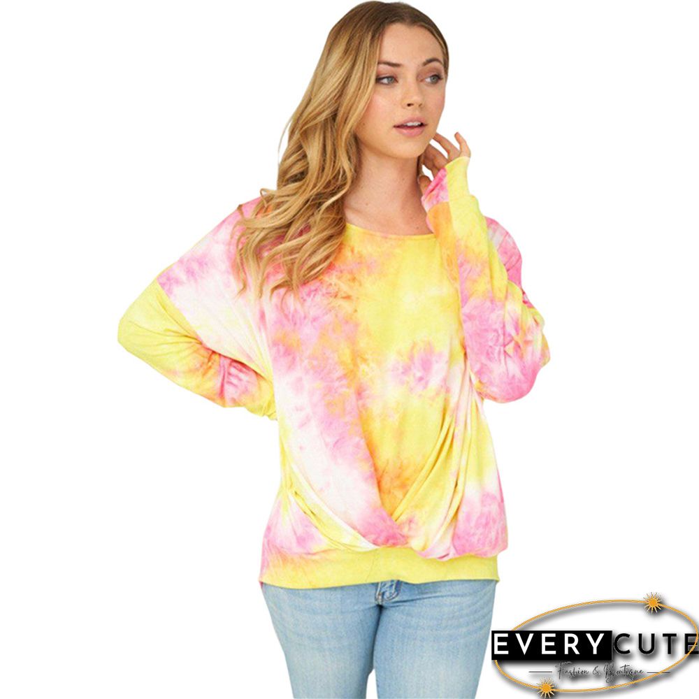 Yellow Tie Dye Twist Front Long Sleeve Tops