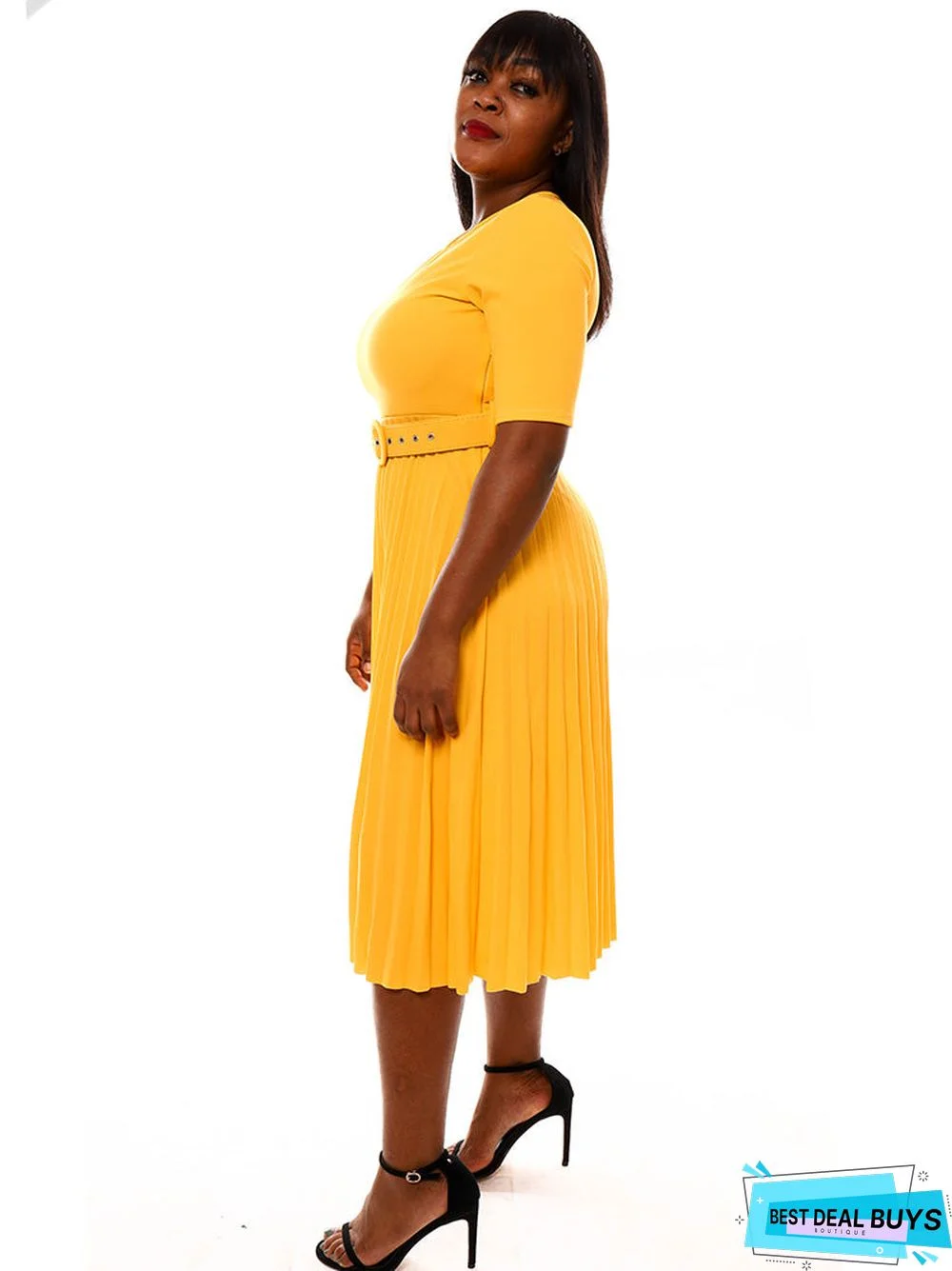 Short Sleeve Solid Color Pleated Midi Dresses with Belt