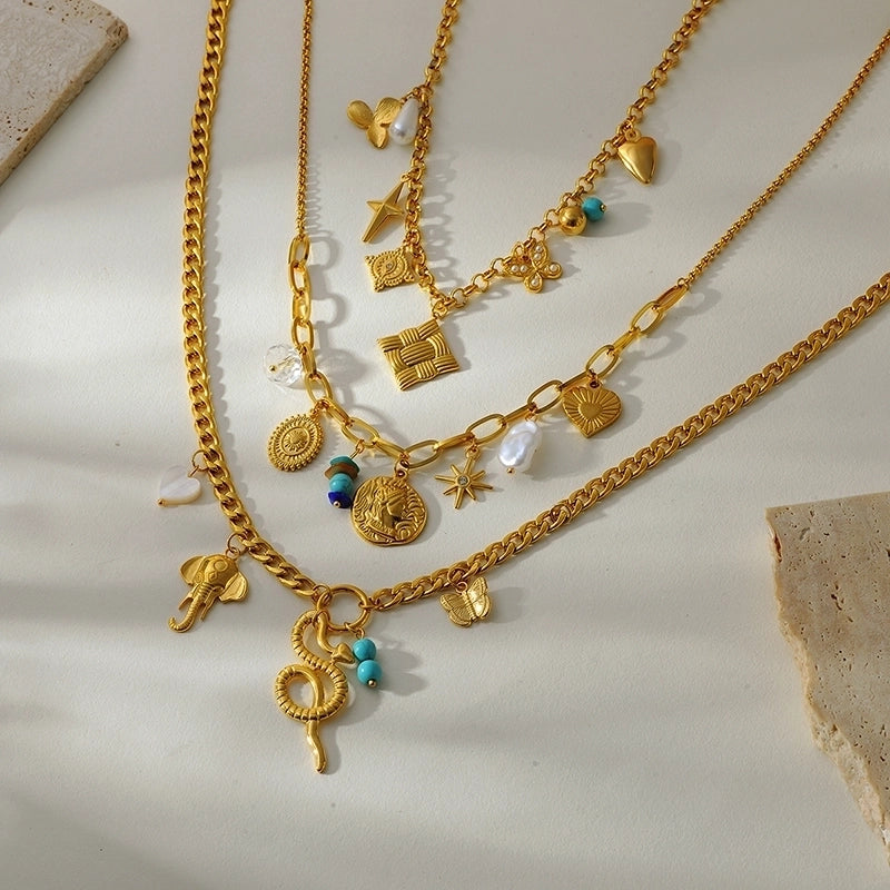 Elegant Classic Style Animal Star Heart Shape 304 Stainless Steel Pearl Beaded Inlay Multi Charms Necklace