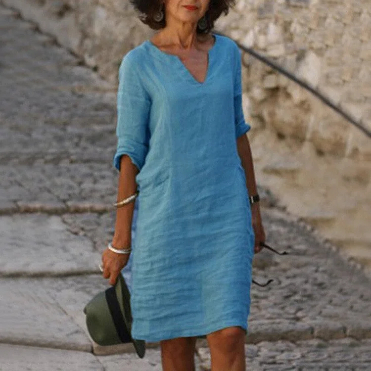 Solid Color V-Neck Cotton Linen Casual Dress