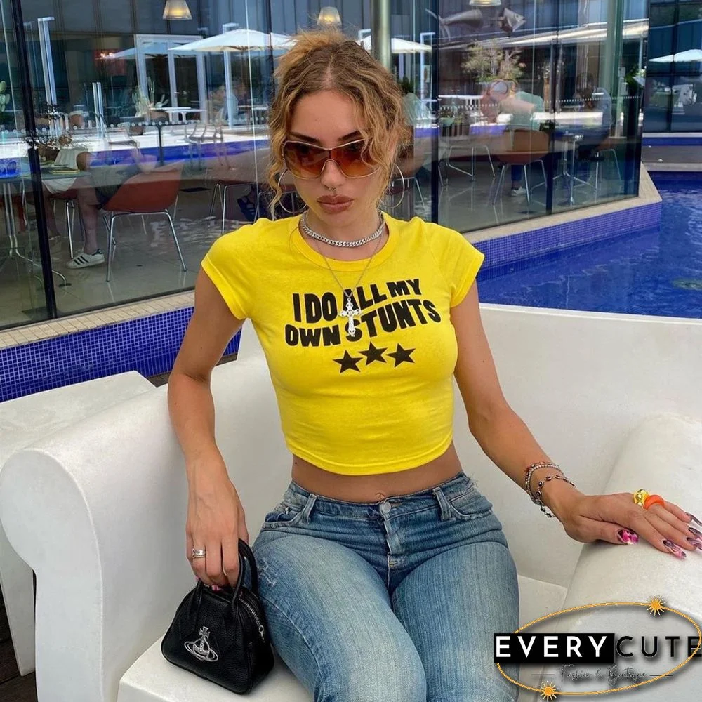 Y2K Aesthetic Sexy Crop Top Graphic Print Short Sleeve T-Shirt Punk E Girl Slim Streetwear Vintage Grunge Women Clothes