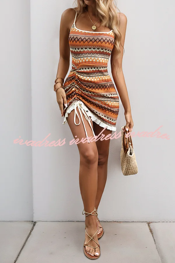 Colorful Stripe Embroidery Sexy Backless Lace-Up Holiday Mini Dress