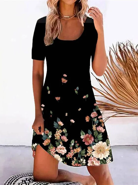 Women's Short Sleeve Scoop Neck Floral Printed Mini Dress