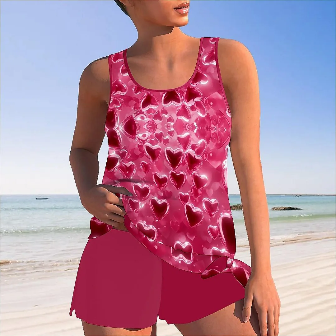 Bowknot Heart,Love,Valentine's Day Mid Waisted Tankini Set - Plus Size Available