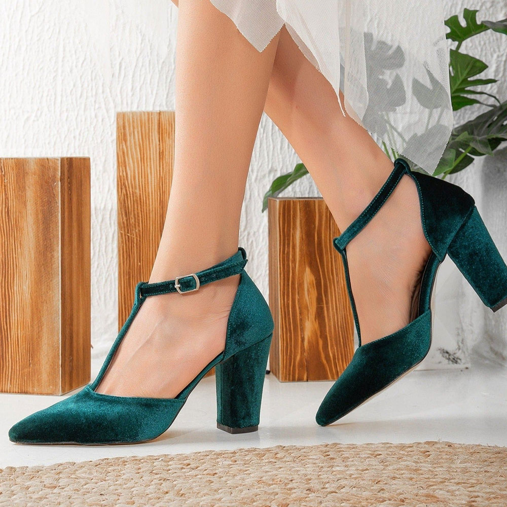 Green Velvet Pointed Toe Chunky Heel Buckle T-Strap Pumps Shoes Nicepairs