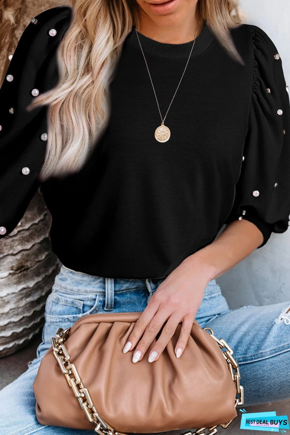 Pearl Detail Round Neck Half Sleeve Blouse