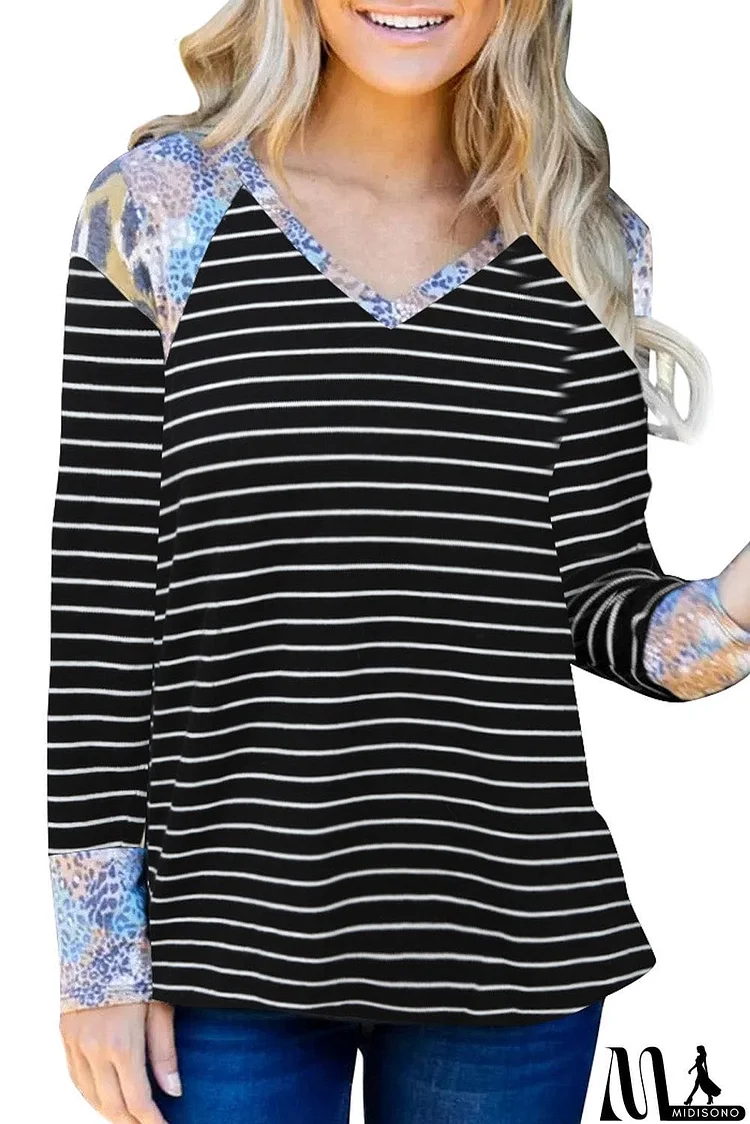 Stripe Splicing V Neck Long Sleeve Top