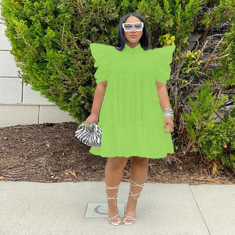 Uveng Dress High Waist Retro Pleated Puff Sleeve Loose Women's Shirt