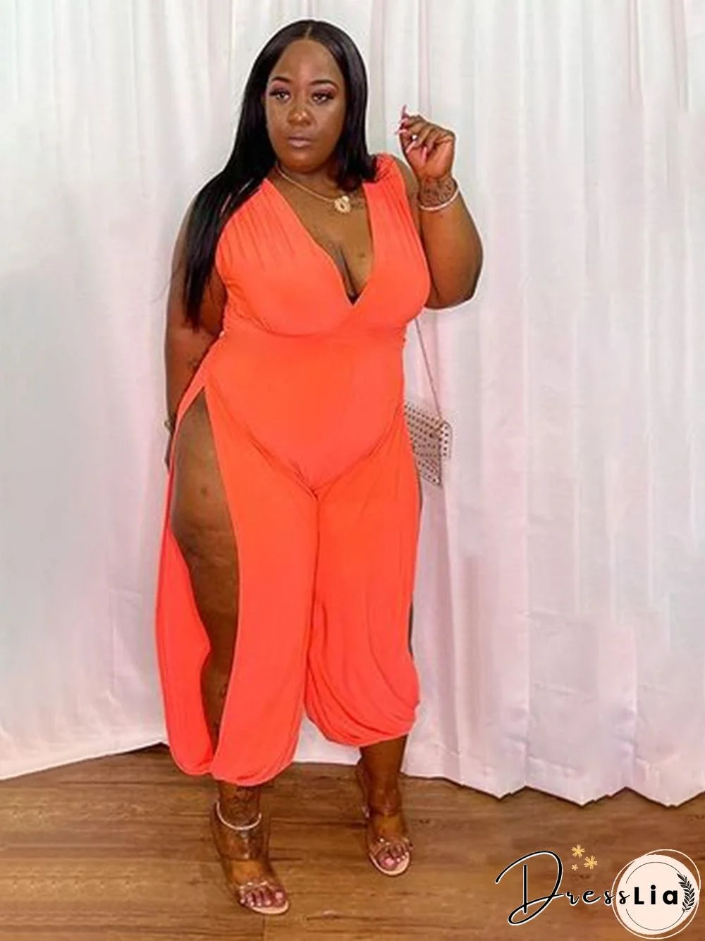 Plus Size Women Deep V Neck Solid Color Sleeveless High Waist Side Slit Loose Streetwear Baggy Jumpsuit