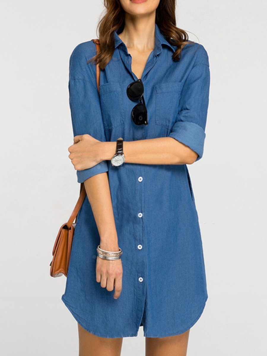 Turn Down Collar  Patch Pocket  Plain  Denim Shift Dress