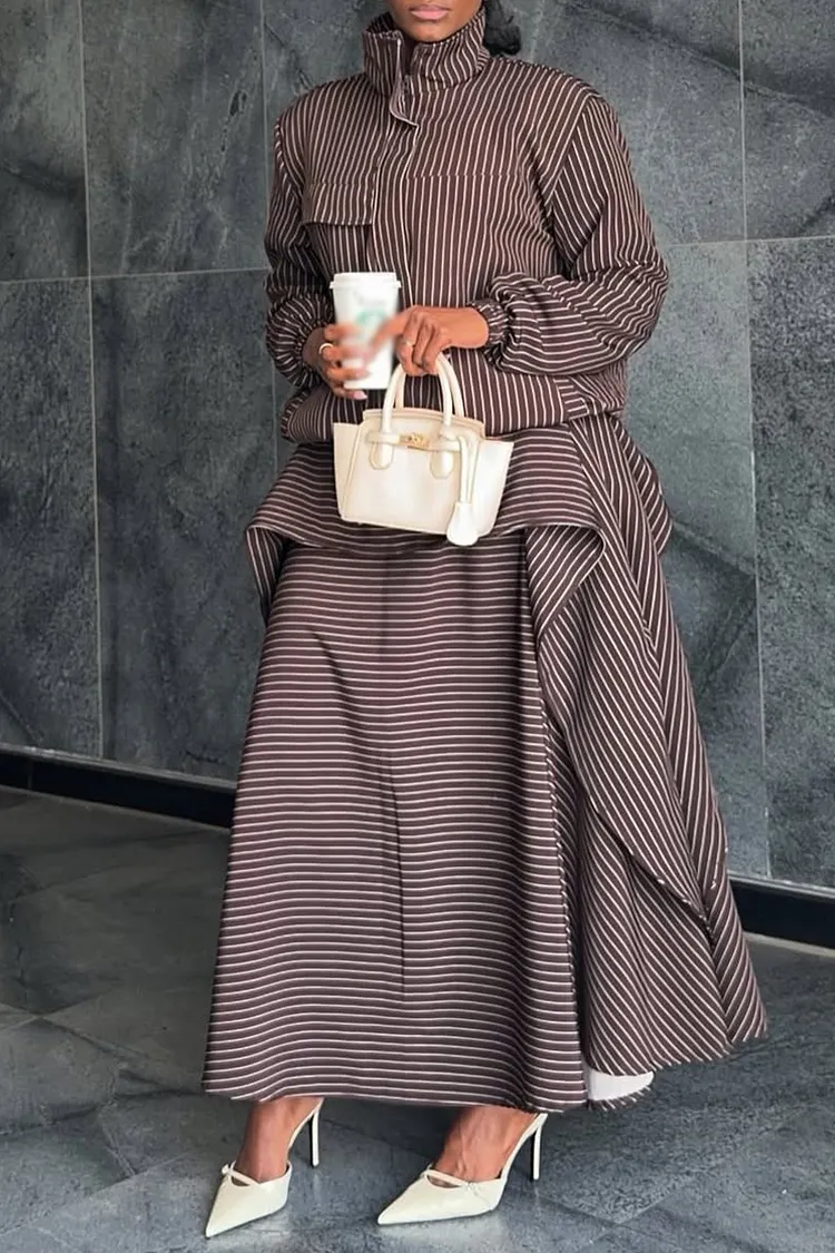 Women Stand Up Collar Vertical Patterned Jacket + Patchwork Skirt Elegant Temperament Set