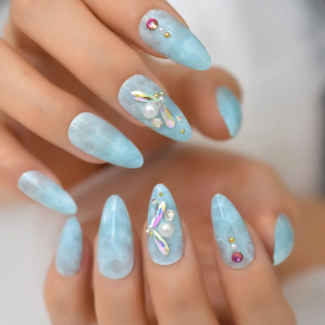 Gorgeous Rainbown Nails Coffin Shape 3D Crystal Decorative Faux Ongles Ombre Pink Blue Yellow Fashion Fake Nails Tip-Nail Inspo