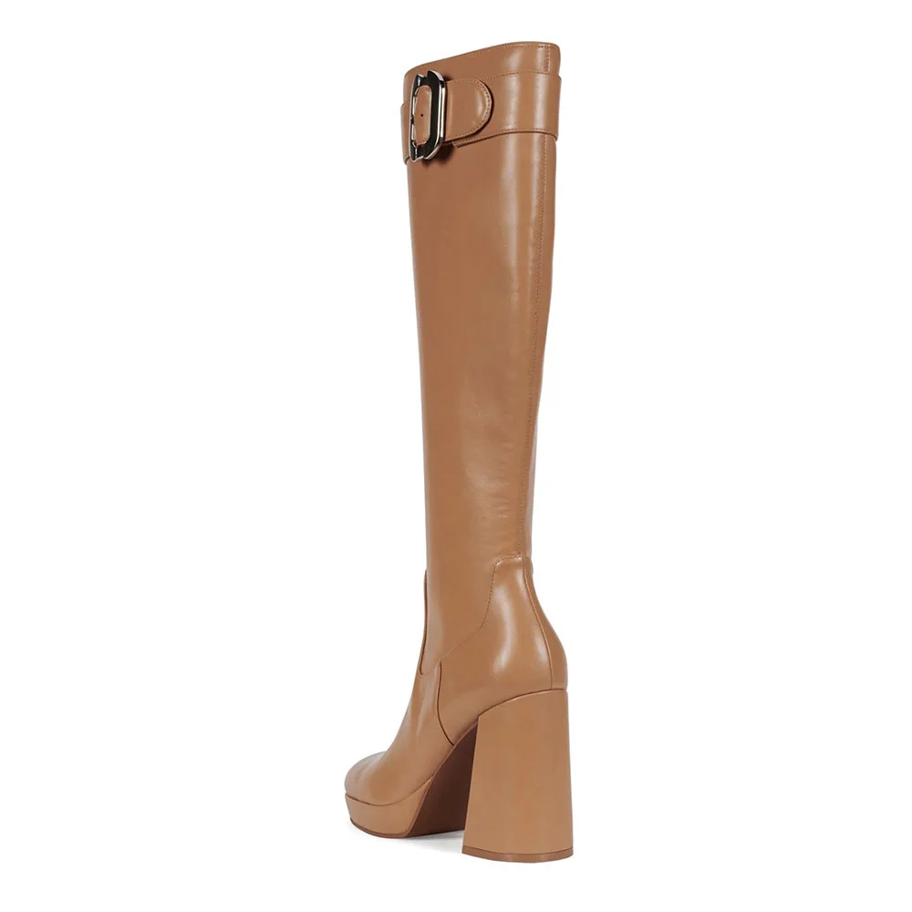 Tan Chunky High Heel Buckle Side Zipper Square Toe Boots with Platform