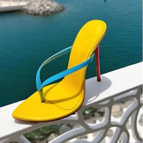 VCSHOES Pink Blue Yellow Mixed Color Leather Clip Toe Thin Heels Slippers Women Pointed Toe High Heel Slide Shoes