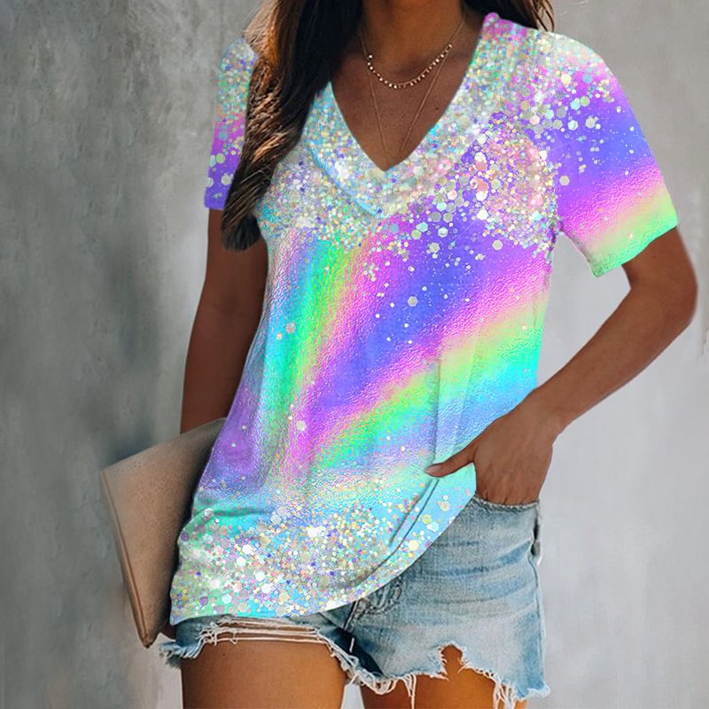 Vibrant Rainbow Printed V-neck T-shirt
