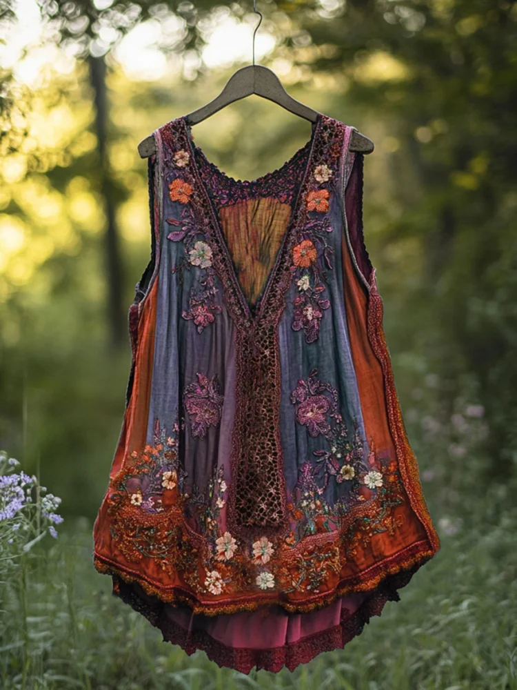Utbros Boho Lavender Lace Art Linen Lace Patchwork Art Sleeveless Tank Top