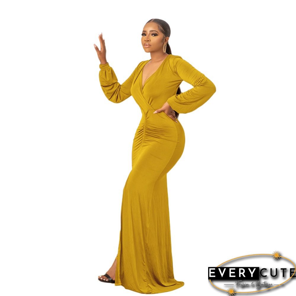 CM.YAYA Women Long Dress Solid Full Sleeve V-neck Strechy Maxi Floor Length Dresses Fashion Vintage Party Vestidos Summer Outfit