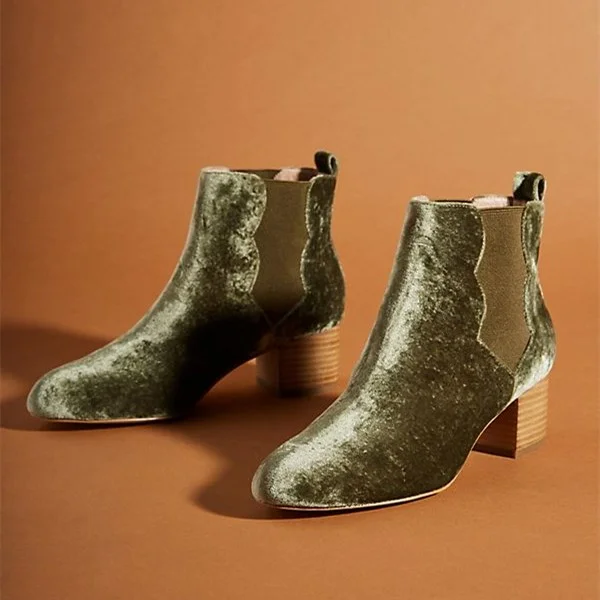 Olive Velvet Boots Round Toe Block Heel Short Chelsea Boots |FSJ Shoes