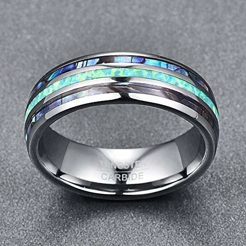 6MM 8MM Silver Tone Multi Color Blue/Green Opal and Rainbow Abalone Shell Inlay Rings Organic Colors With Mens And Womens