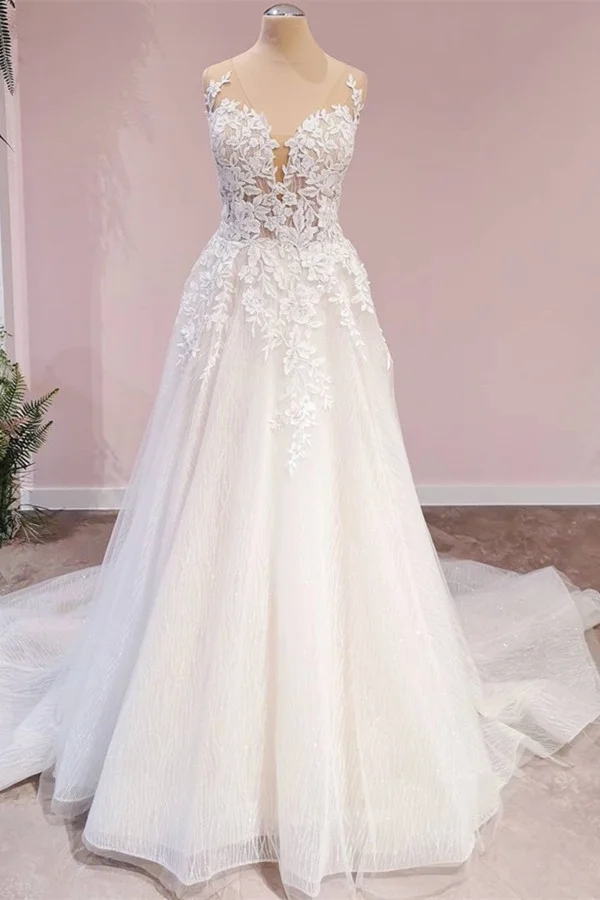A-Line Appliques Lace Tulle Backless Floor-length Wedding Dress With Sweetheart